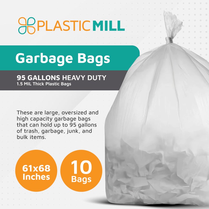 PlasticMill Heavy Duty Clear Garbage Bags for Large Rolling Bins - 95-Gallon, 1.5 Mil, 61"x68" (10-Count) - Image 2